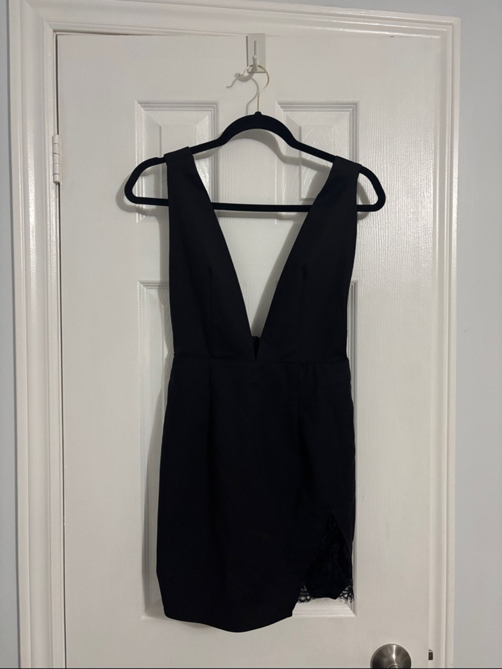 superdown Black Deep-V Mini Dress with Lace Trim